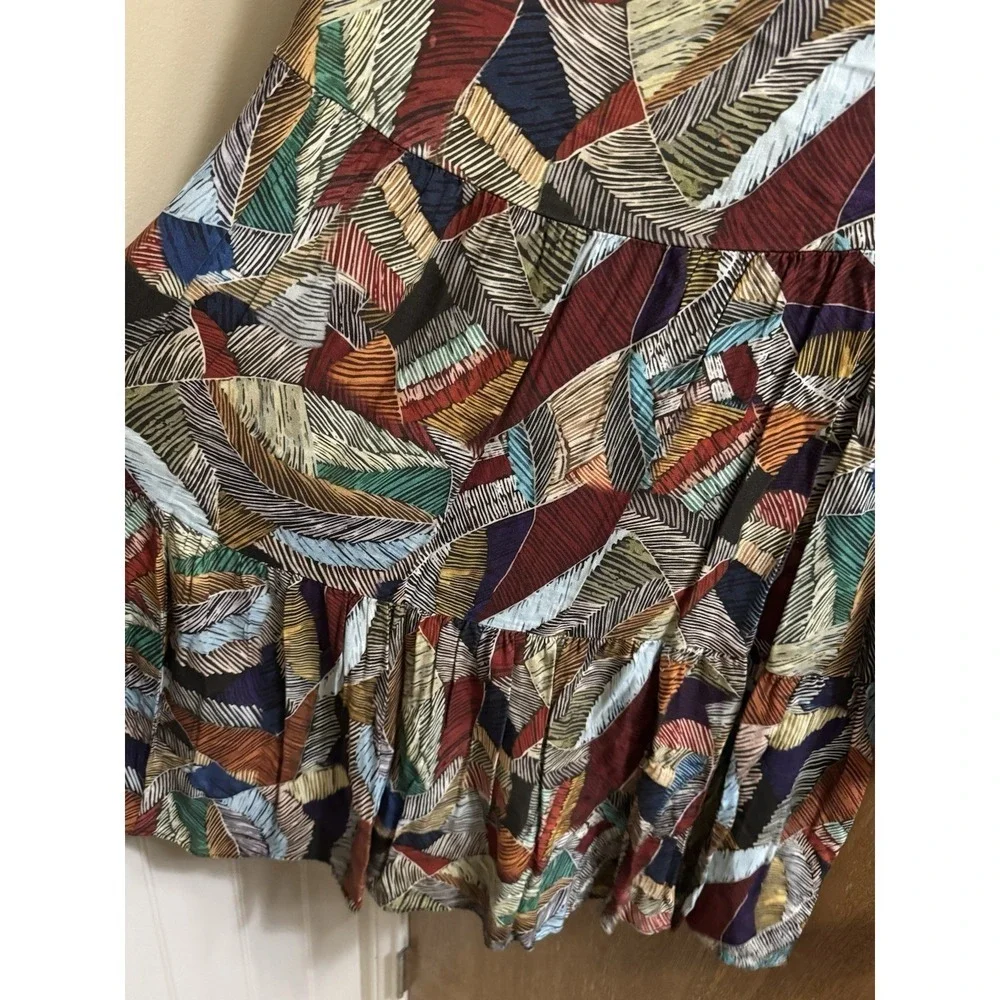 NEW Uncle Frank Long Sleeve V-Neck Peplum Dress Natural Tone Colorful Leaves Med